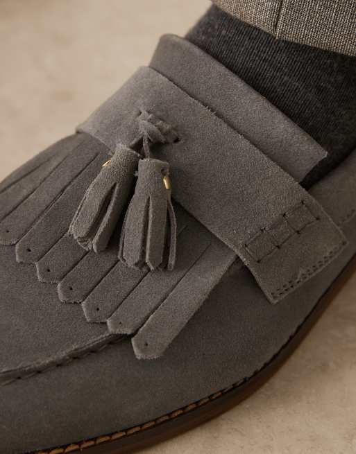 ASOS DESIGN loafers in gray suede with fringe and tassel detail