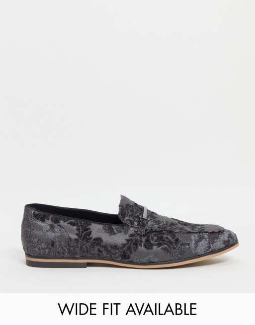 ASOS DESIGN loafers in gray velvet floral design with snaffle