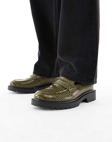 ASOS DESIGN loafers in green faux croc with black cleated sole - view 1