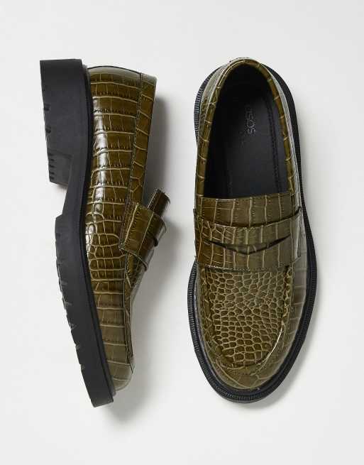 ASOS DESIGN loafers in green faux croc with black cleated sole, 3 of 4