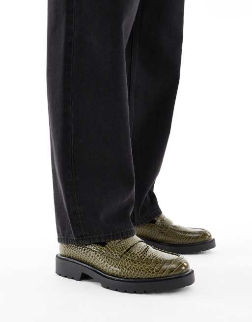 ASOS DESIGN loafers in green faux croc with black cleated sole