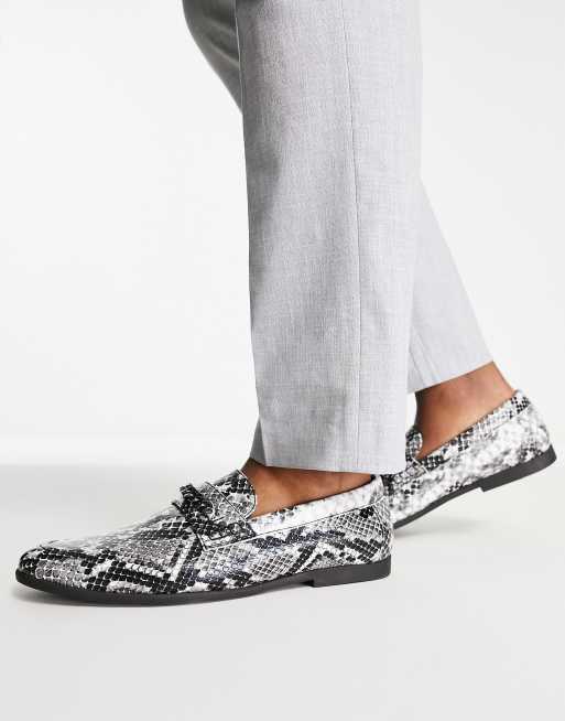 ASOS DESIGN loafers in grey faux snake with snaffle