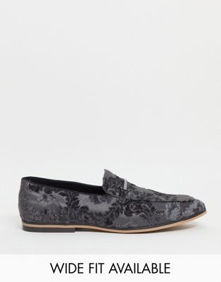 ASOS DESIGN loafers in grey velvet floral design with snaffle