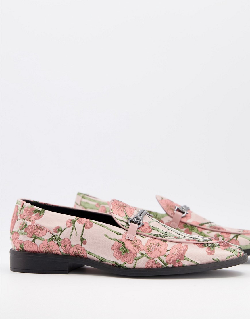 ASOS DESIGN loafers in multi floral print with snaffle-Pink