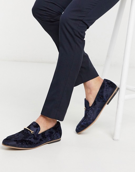 ASOS DESIGN loafers in navy burnout with floral design with snaffle