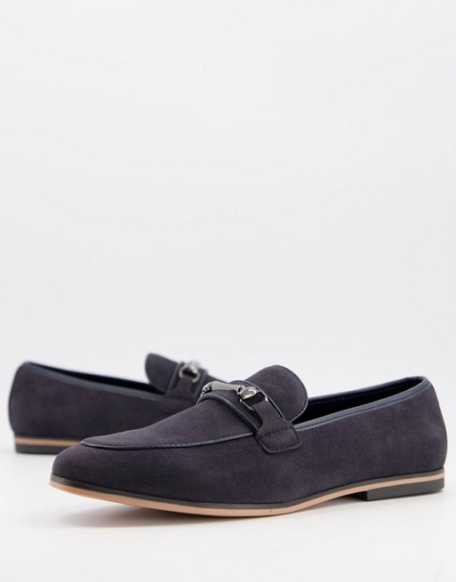 ASOS DESIGN loafers in navy faux suede with snaffle detail