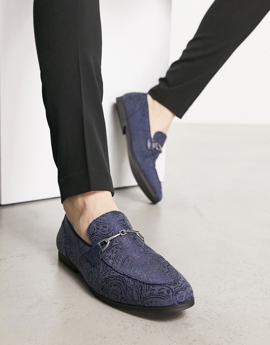 Asos Design Loafers In Navy Print With Silver Snaffle