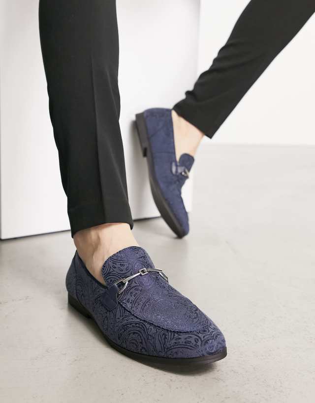 ASOS DESIGN loafers in navy print with silver snaffle