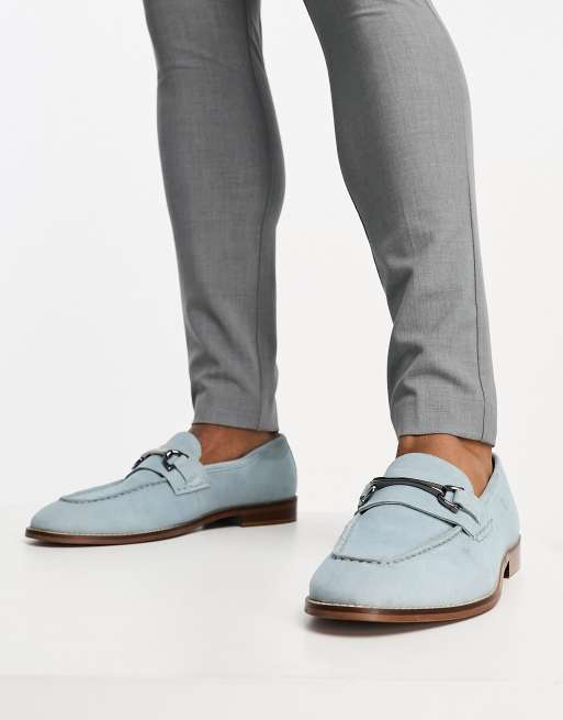 ASOS DESIGN loafers in pale blue suede with snaffle detail and natural sole