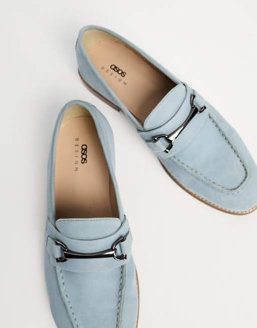 ASOS DESIGN loafers in pale blue suede with snaffle detail and natural sole