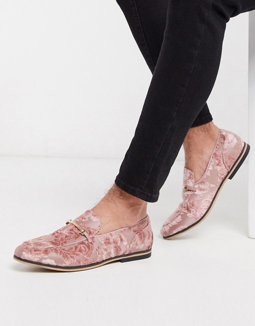 ASOS DESIGN loafers in pink burnout with floral design with snaffle