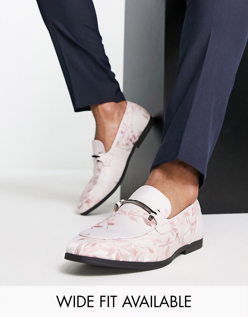ASOS DESIGN loafers in pink floral faux leather and snaffle detail