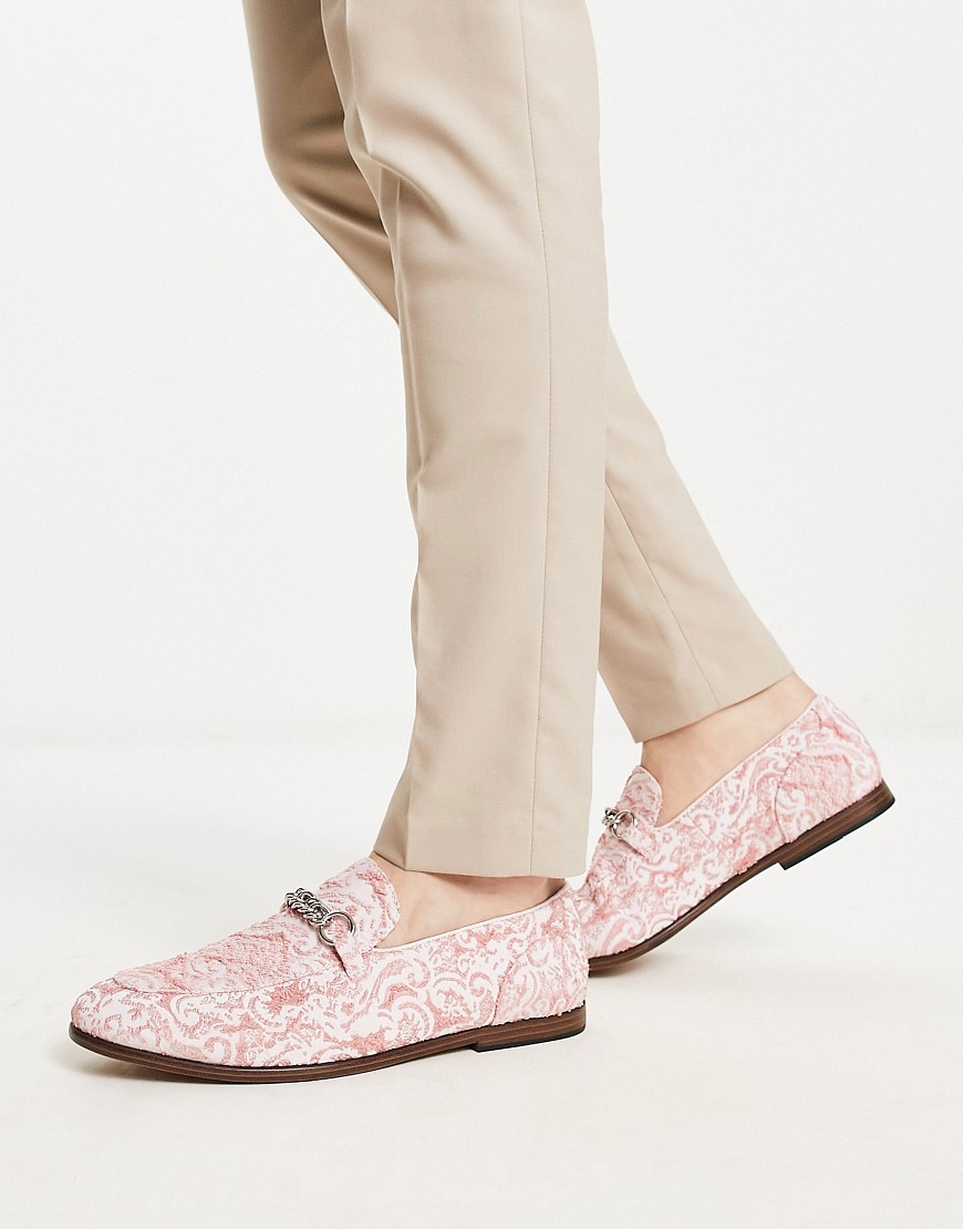 ASOS DESIGN loafers in pink velvet with chain detail
