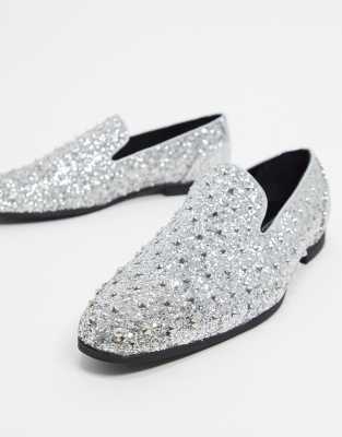 silver glitter loafers