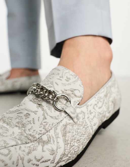 ASOS DESIGN loafers in silver velvet with gunmetal chain detail