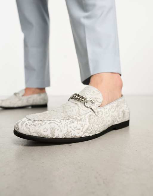 White Brown Snake Print Metal Chain Mens Loafers Shoes Flats