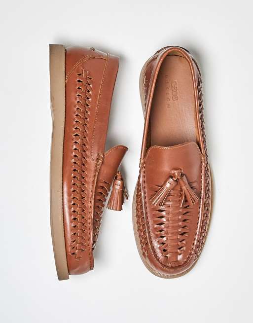 ASOS DESIGN loafers in tan leather with weave