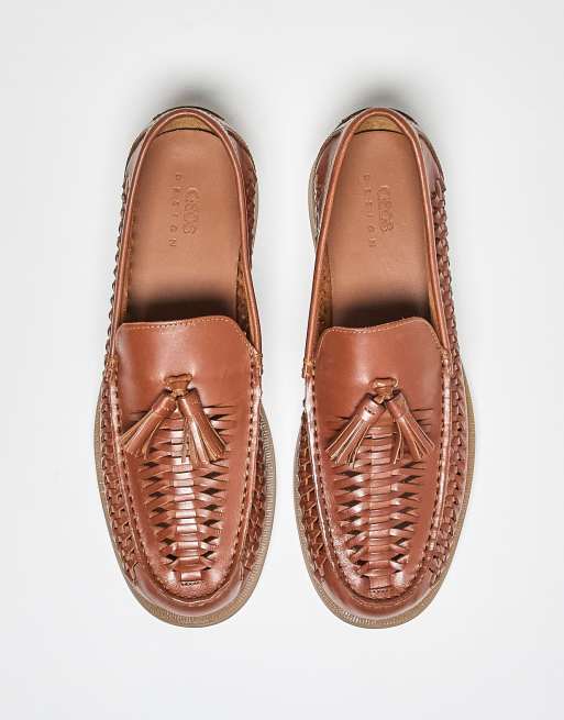 ASOS DESIGN loafers in tan leather with weave