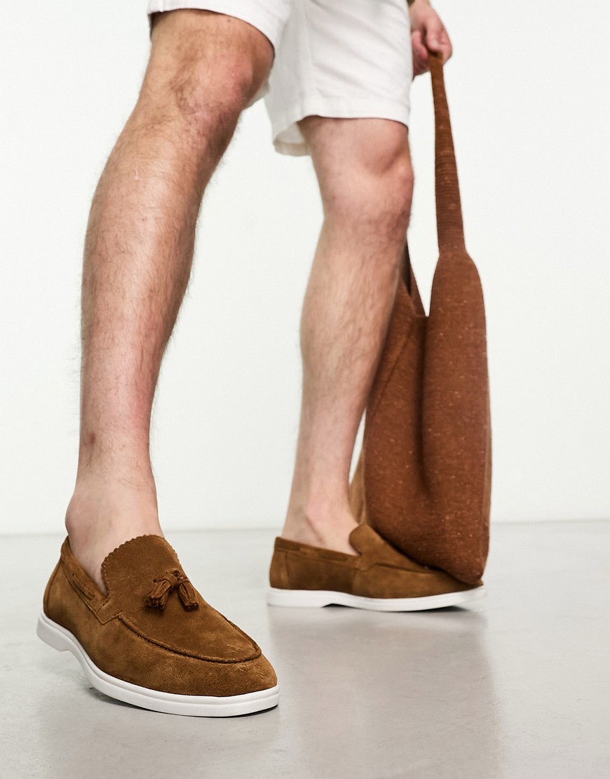 Loafers In Tan Suede With White Sole-Brown