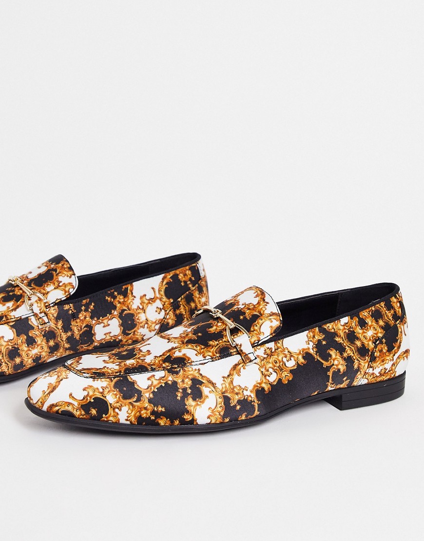 ASOS DESIGN loafers in white and gold baroque print