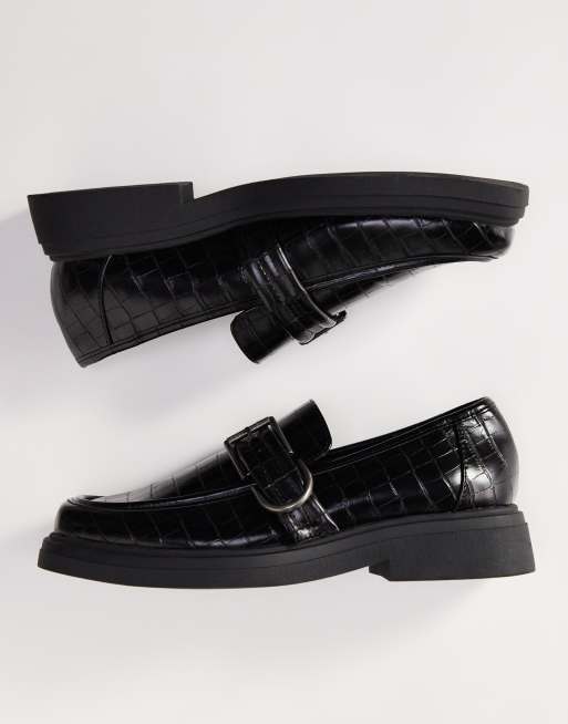 ASOS DESIGN - Loafers met dikke zool en zilveren gesp in zwart met krokodillenmotief