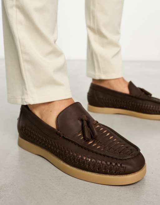 ASOS DESIGN - Loafers met geweven detail in donkerbruin leer met natuurlijke zool