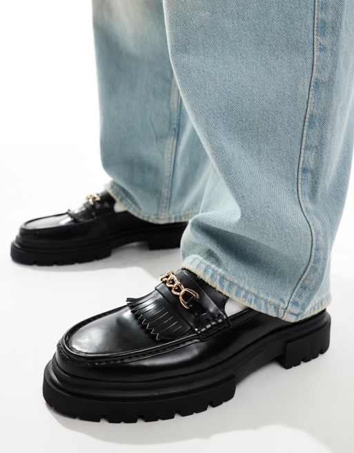 ASOS DESIGN - Loafers van zwart leer met dikke zool, franje en trens