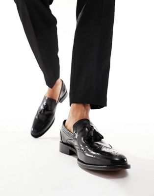  loafers with brogue detail in polished black leather