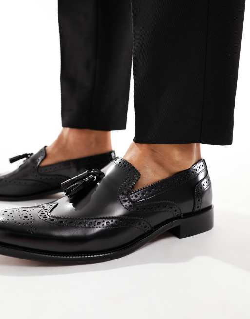 ASOS DESIGN loafers with brogue detail in polished black leather