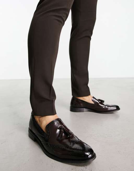 ASOS DESIGN loafers with brogue detail in polished brown leather