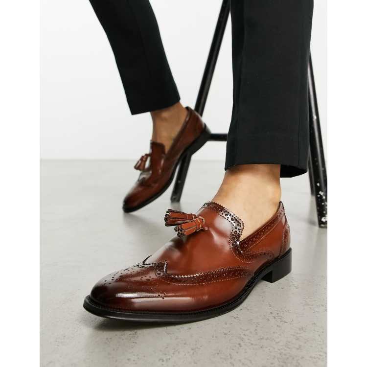 ASOS DESIGN loafers with brogue detail in polished tan leather