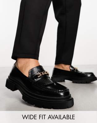 Asos Design Loafers With Chunky Sole And Snaffle Detail In Black Leather