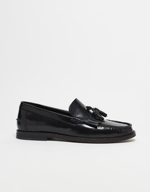 ASOS DESIGN loafers with fringe detail in polished black leather