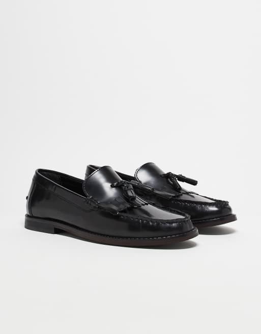 ASOS DESIGN loafers with fringe detail in polished black leather