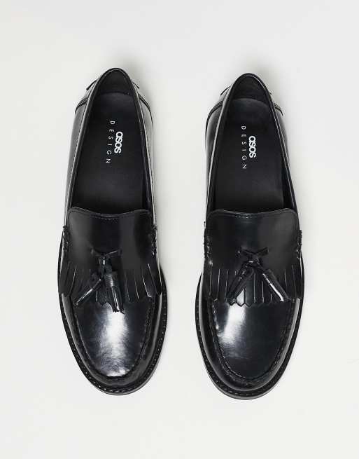 ASOS DESIGN loafers with fringe detail in polished black leather