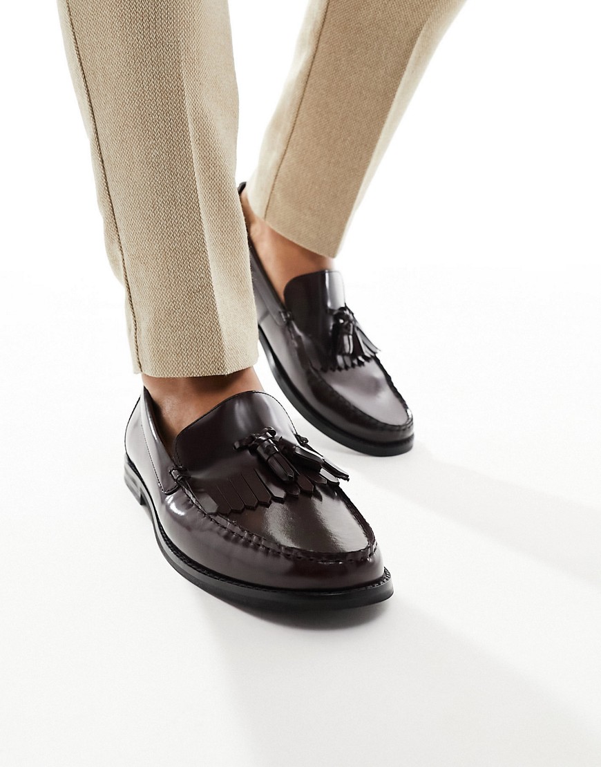 ASOS DESIGN loafers with fringe detail in polished burgundy leather-Red