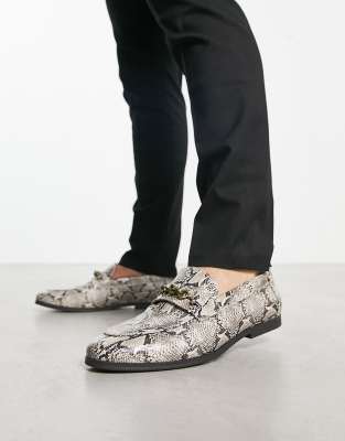  loafers with snaffle detail in snake print faux leather