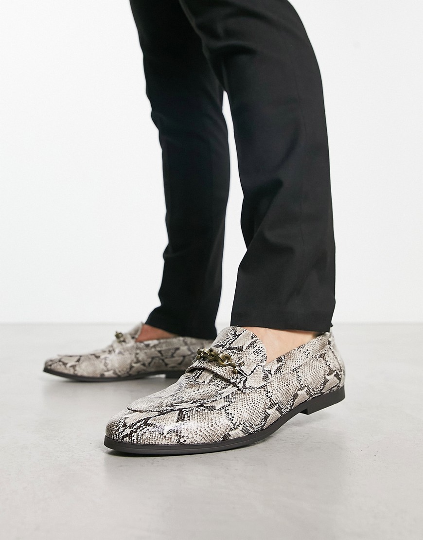 ASOS DESIGN loafers with snaffle detail in snake print faux leather-Brown