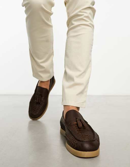 ASOS DESIGN loafers with weave detail in dark brown leather with natural  sole