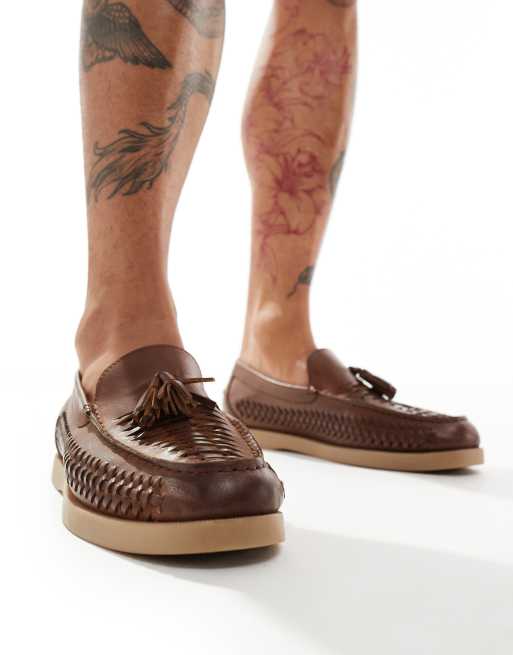 ASOS DESIGN loafers with weave detail in tan leather with natural sole, 2 of 4