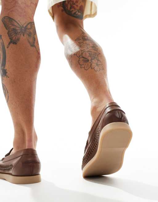 ASOS DESIGN loafers with weave detail in tan leather with natural sole, 3 of 4