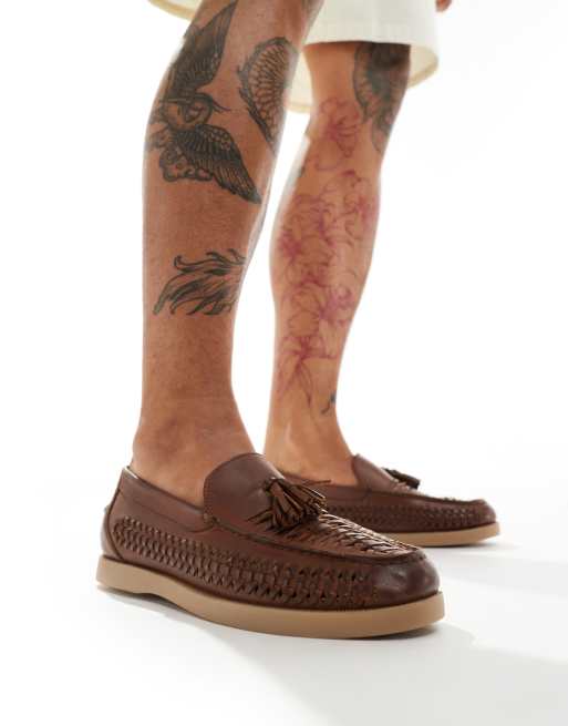 ASOS DESIGN loafers with weave detail in tan leather with natural sole, 4 of 4