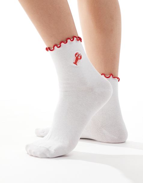 ASOS DESIGN lobster embroidery ankle sock with frill edge - view 1