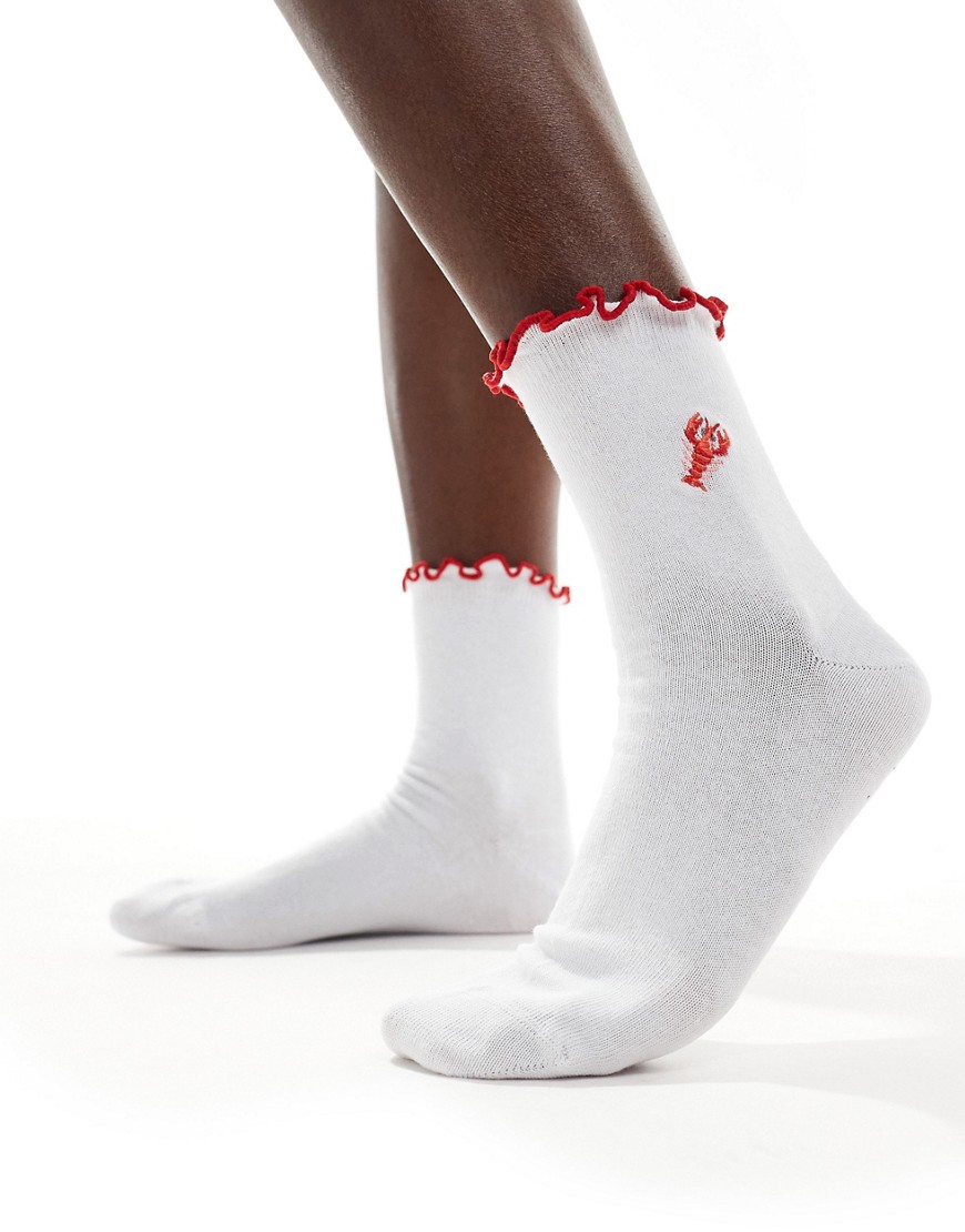 lobster embroidery socks with ruffle edge in white