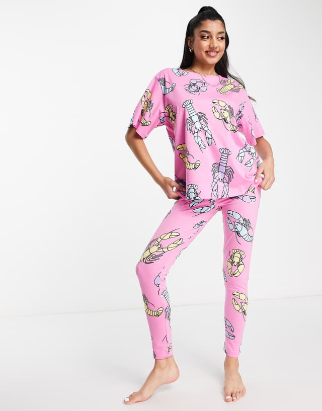 ASOS DESIGN lobster oversized tee & legging pajama set in pink