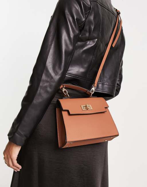 Asos Design Lock Detail Bag With Top Handle And Detachable Crossbody Strap In Mid Brown Asos