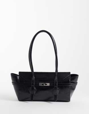 Asos Design Lock Detail Belted Shoulder Tote Bag In Black