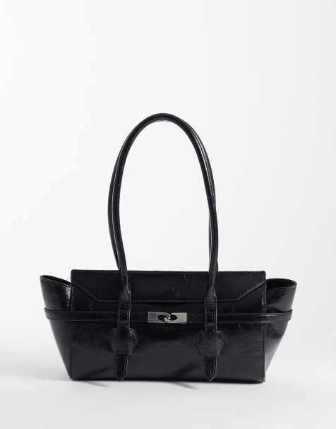 ASOS DESIGN lock detail belted shoulder tote bag in black - view 1