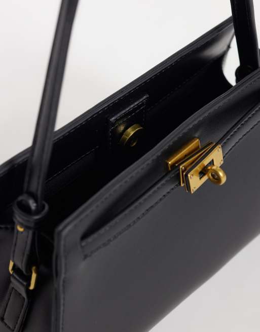 ASOS DESIGN lock detail shoulder bag in black, 3 of 4