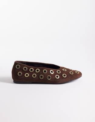 Asos Design Lock Premium Eyelet Detail Round Toe Ballet Flats In Brown